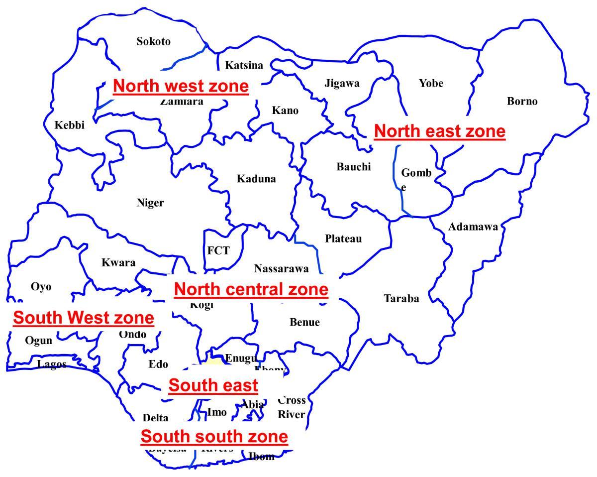 地図ナイジェリアを示す六地政学的ゾーン