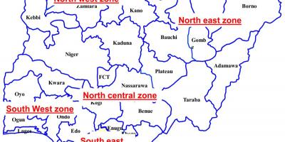 地図ナイジェリアを示す六地政学的ゾーン