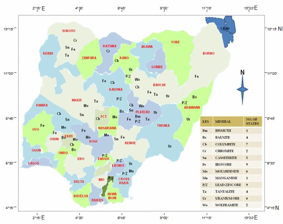 地図ナイジェリアの鉱物資源